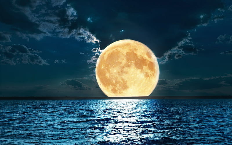 Noche de luna llena, luna, llena, noche, océano, Fondo de pantalla HD