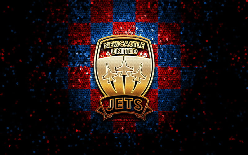 Newcastle Jets FC, glitter logo, A-League, blue red checkered background, soccer, australian football club, Newcastle Jets logo, Australia, mosaic art, football, Newcastle Jets, HD wallpaper