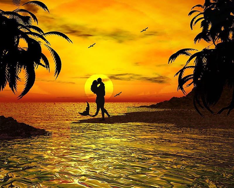 Mermaid Love, art, ocean, birds, mermaid, sunset, trees, kiss, beach, fantasy, love, tropical, HD wallpaper