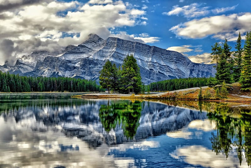 Banff National Park, shore, bonito, mountain, peak, national park, Banff, quiet, calmness, clear, sky, trees, winter, lake, clods, serenity, snow, refelction, landscape, HD wallpaper