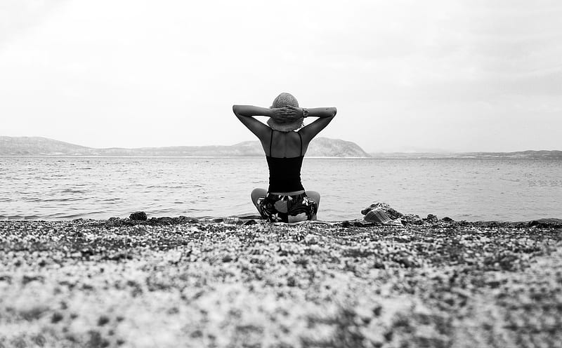 Grayscale Of Woman In Black Bikini Sitting On Rock Near Sea Hd Wallpaper Peakpx 