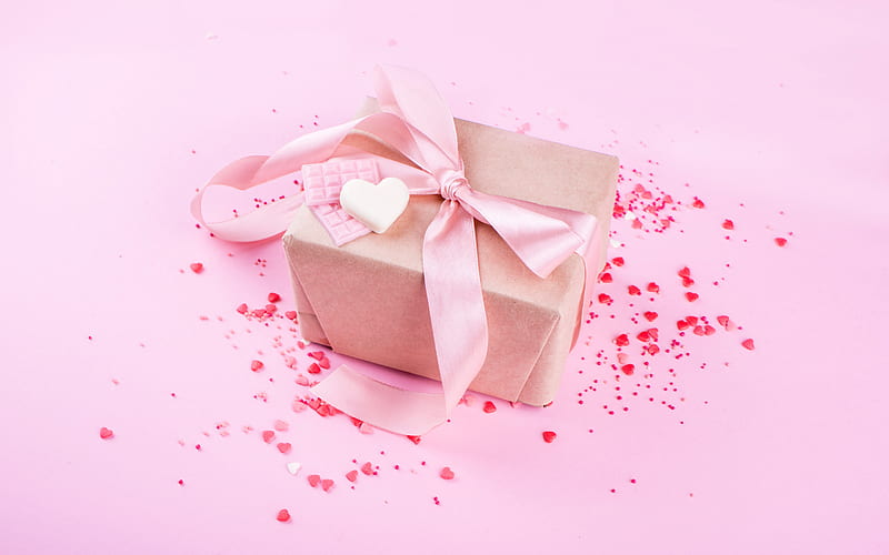 gift box with pink bow, pink background, pink silk bow, gifts concepts, red hearts, HD wallpaper