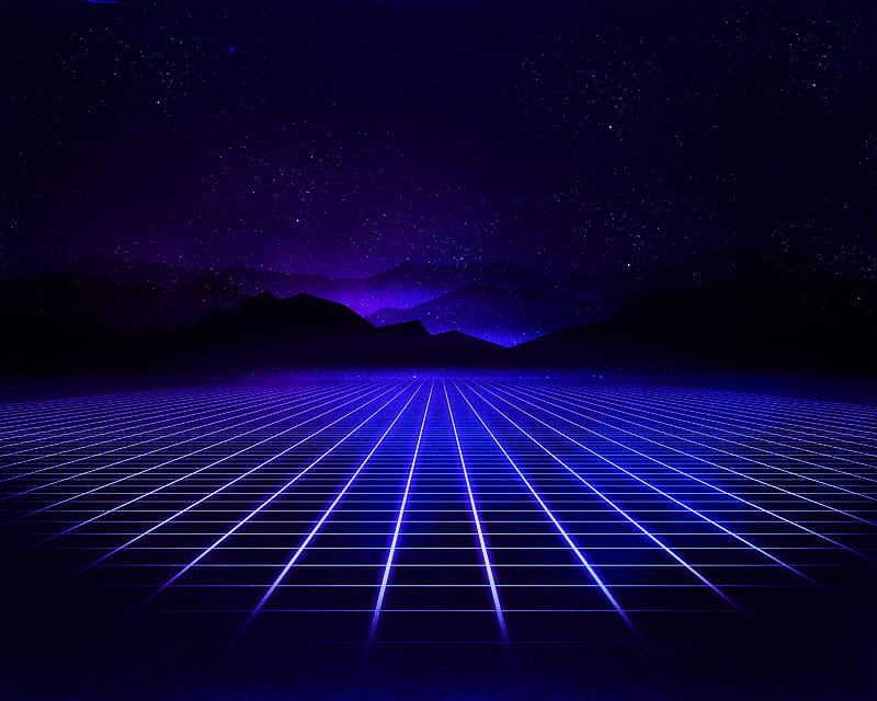 Indigo Neon Grid, outrun, retro, theme, tron, HD wallpaper