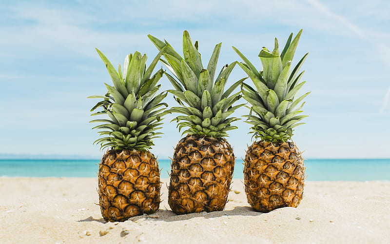 pineapples on the sand, beach, seascape, pineapples, tropical islands, summer concepts, summer travels, HD wallpaper