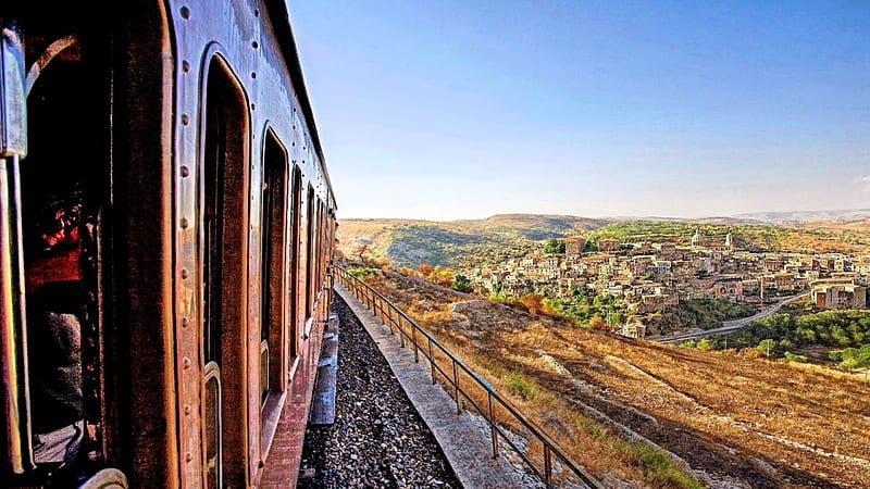 train in Sicily (Italy), architecture, rocks, Italia, grass, Italy, ruins, old, monument, train, green, landscapes, village, hills, ancient, view, town, colors, trees, panorama, building, medieval, mountains, castle, HD wallpaper