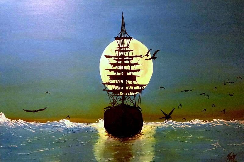 Sailing Ship, art, birds, boat, paint, painting, sea, HD wallpaper