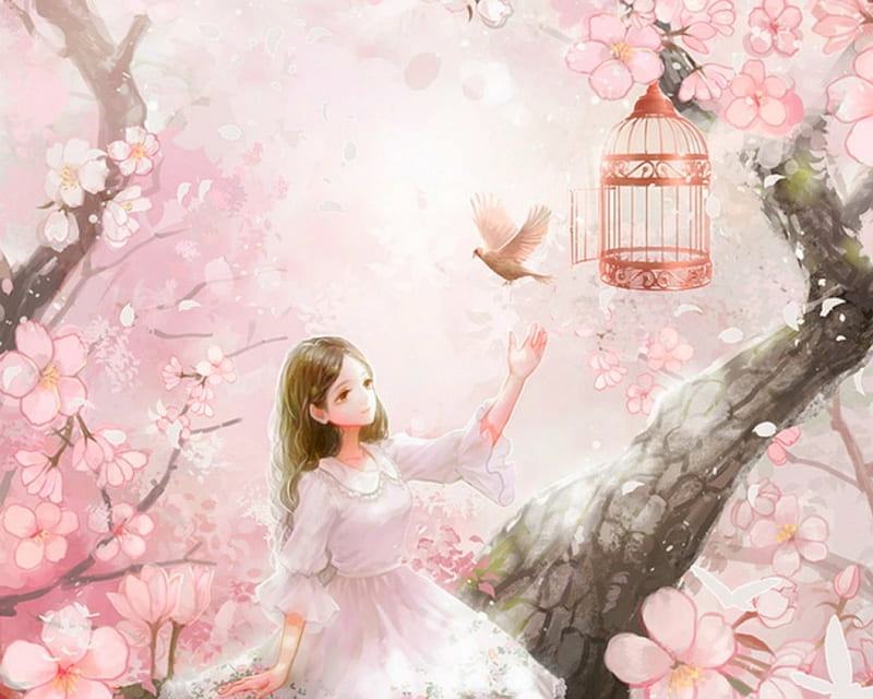 Cute Girl, tree, cage, bird, anime, HD wallpaper