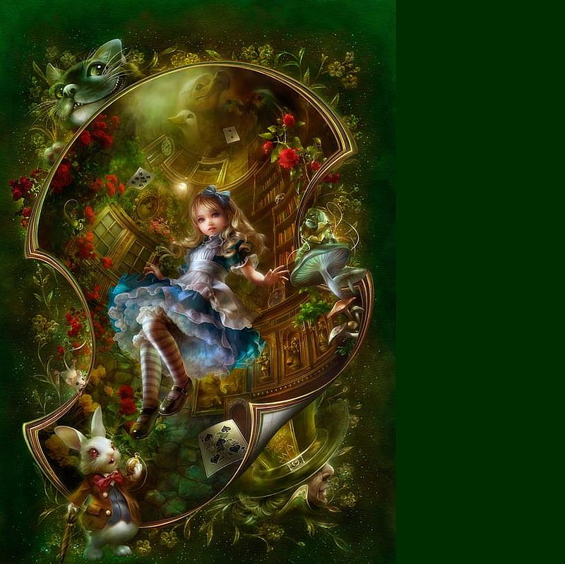 Alice in Wonderland, red, art, rabbit, alice, shu, mushroom, wonderland, playing cards, roses, cat, hatter, cheshire, library, HD wallpaper