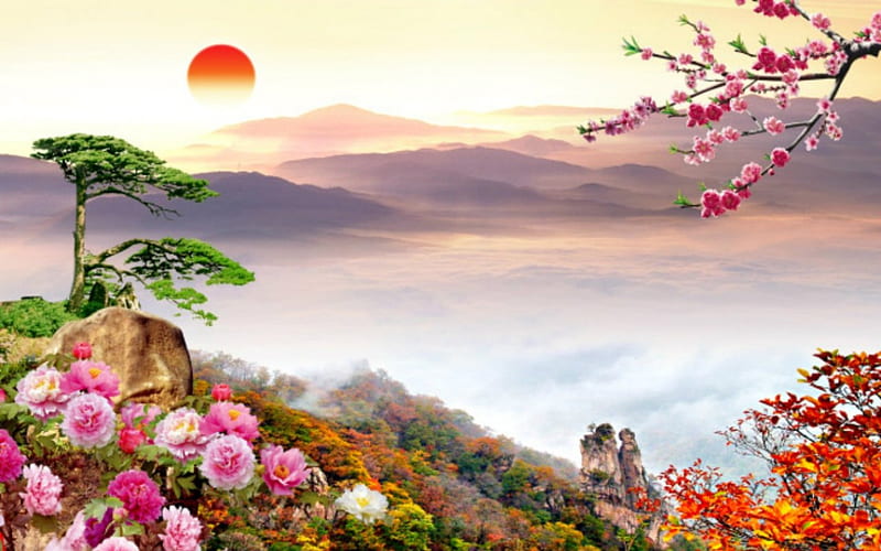 Beautiful Scenery, mountain, art, flowers, nature, HD wallpaper