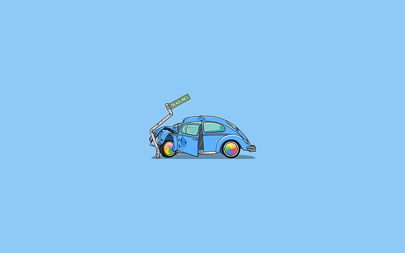 car crash, creative, minimal, blue background, HD wallpaper