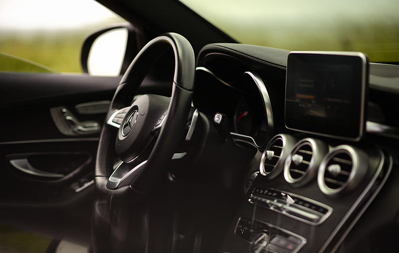 mercedes-benz c300 amg, mercedes, car, salon, interior, steering wheel, control panel, HD wallpaper