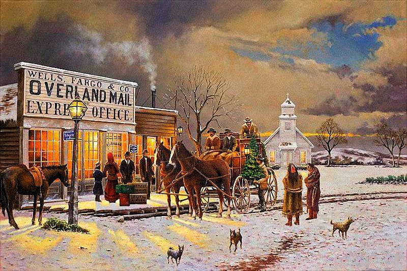 Overland Mail, people, painting, cart, station, horses, artwork, winter ...