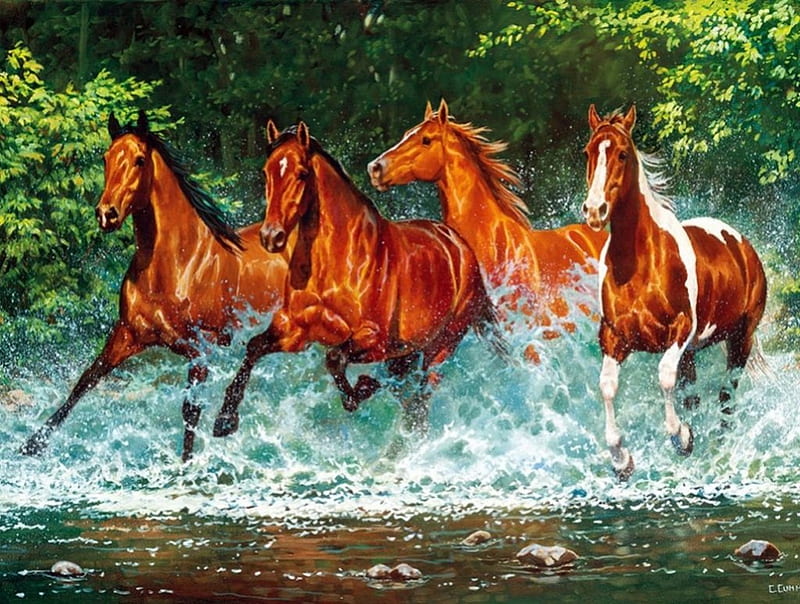 Cascade Run, water, painting, river, artwork, horses, HD wallpaper