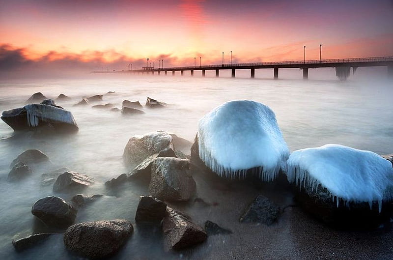 Ice Caps, rocks, sun, bridge, ocean, ice, fog, winter, mist, HD wallpaper
