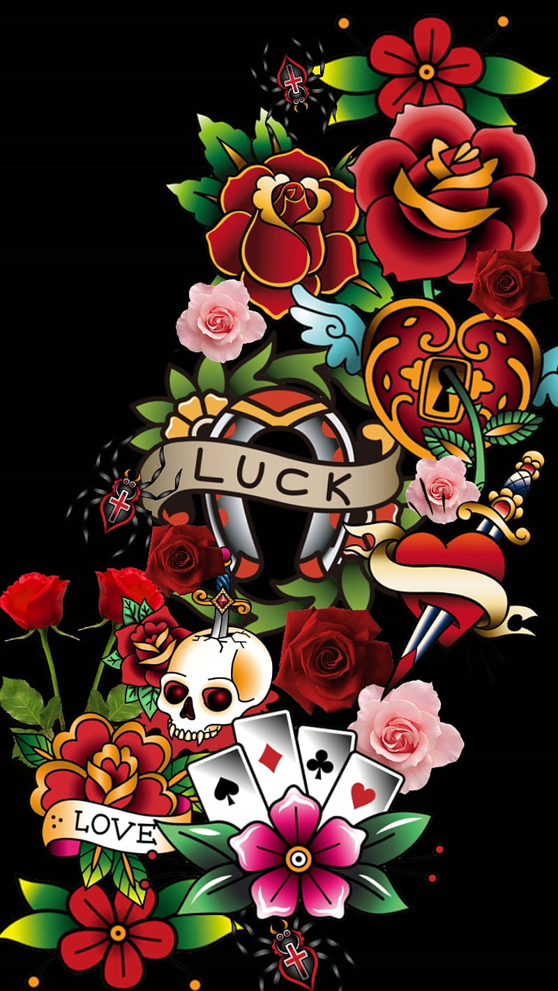 You are in LUCK, black, dead, flowers, love, pink, red, skull, sugar, sword, HD phone wallpaper