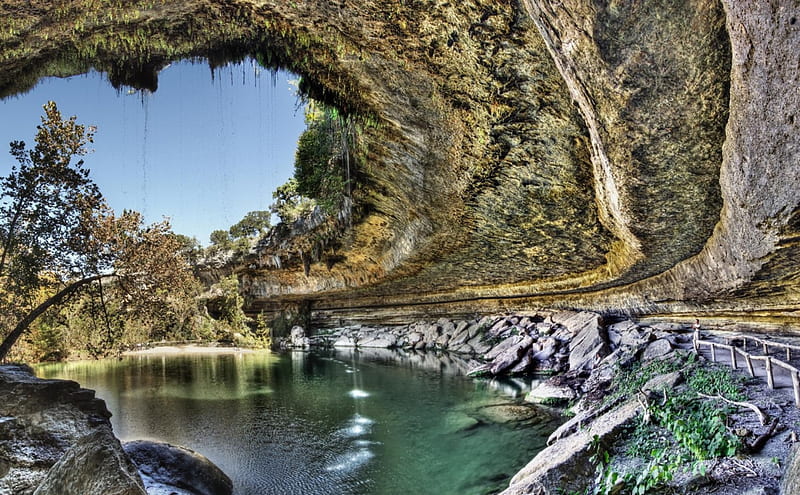 fantastic grotto at hamilton pool texas r, walkway, cliff, r, grotto, pool, HD wallpaper