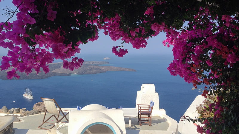 Beauty of Santorini,Greece, horizon, summer, flowers, sunny, nature, island, sea, blue, HD wallpaper
