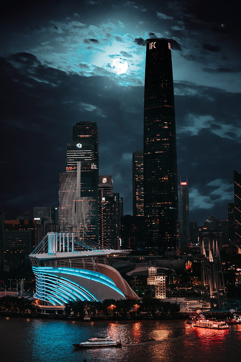 city, buildings, architecture, night, moon, light, HD phone wallpaper
