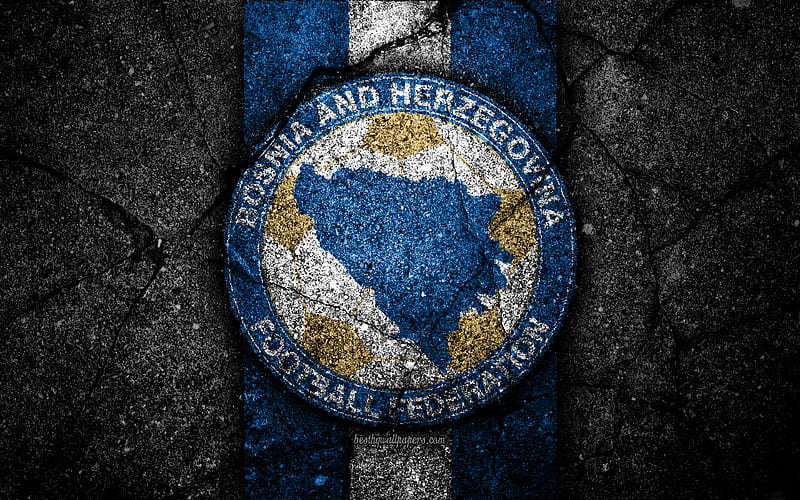 Bosnia and Herzegovina football team emblem, UEFA, Europe, football, asphalt texture, soccer, Bosnia and Herzegovina, European national football teams, Bosnia and Herzegovina national football team, HD wallpaper