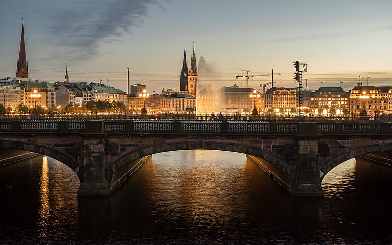 Hamburg, bridge, evening, city lights, Germany, urban skyline, HD wallpaper