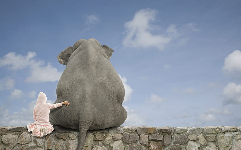 my BIG friend, elephant, sky, clouds, mood, sit, stone wall, girl, feelings, friends, HD wallpaper