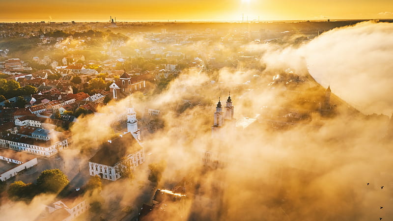 Cities, Kaunas, Fog, Horizon, Lithuania, Sunset, HD wallpaper