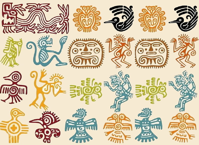 Mayan symbols, birds, Snake, symbols, Maya, HD wallpaper