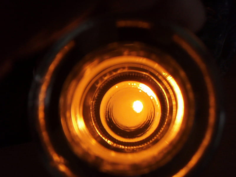 Bottom of the bottle candle reflecting, glass, mind teaser, graphy, orange, HD wallpaper