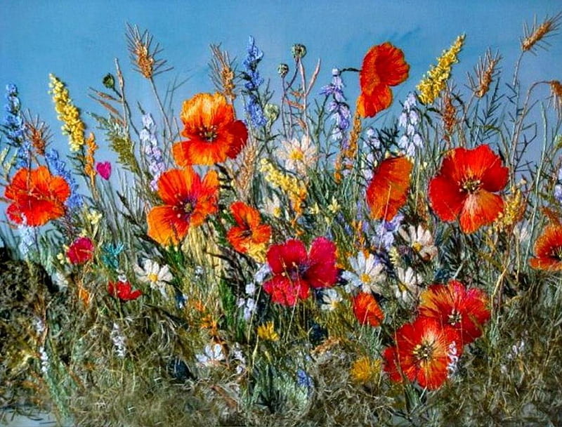 Flower Mix, cornflowers, daisies, grain, wild flowers, poppies, painting, HD wallpaper