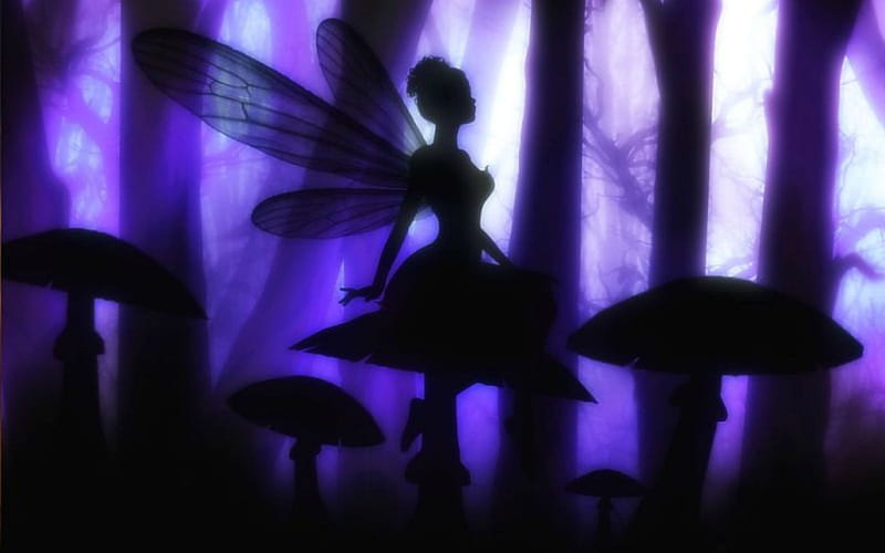 Mystical fairy, magic, fantasy, mystical, night, mushrooms, wings, fairy, purple, silhouette, forest, HD wallpaper