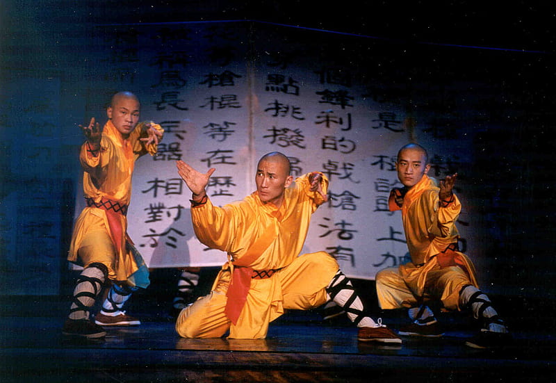 shaolin monks, chinese writing, orange robes, fighting writing, bald, HD wallpaper