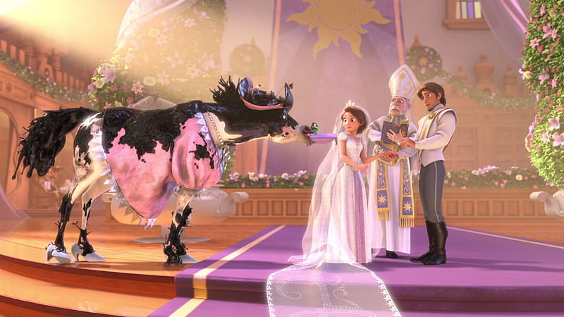 Tangled ever after, movie, bride, black, mud, church, horse, purple, animation, love, funny, pink, couple, disney, HD wallpaper
