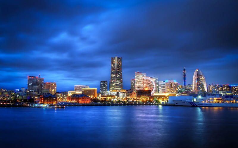 Yokohama, japan, city, japanese, ocean, scenery, night, skyscrapers, HD wallpaper