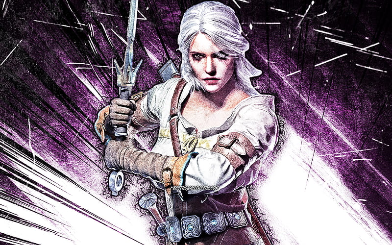 Ciri, grunge art, The Witcher, artwork, Witcher 3 Wild Hunt, purple abstract rays, The Witcher characters, Ciri The Witcher, HD wallpaper