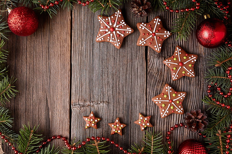 Merry Christmas!, deco, craciun, brown, christmas, card, cookie, gingerbread, star, wood, HD wallpaper