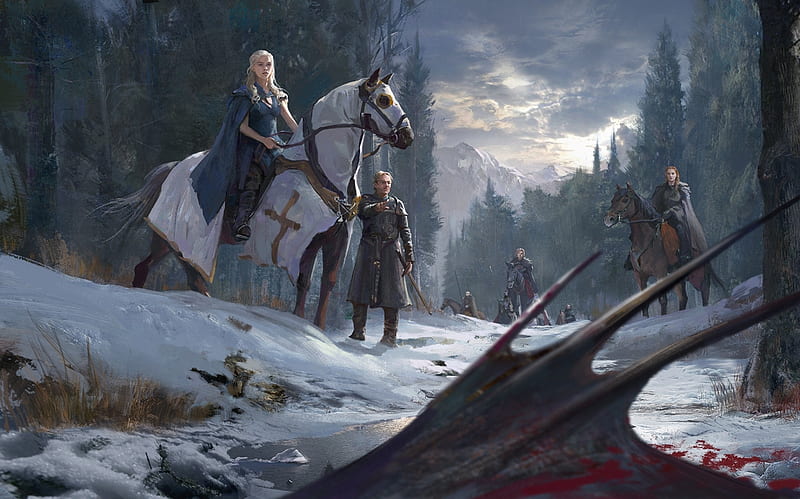 Daenerys Targaryen, art, luminos, game of thrones, horse, wing, dragon, winter, fantasy, girl, HD wallpaper