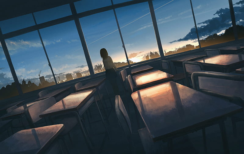 Anime, Original, Classroom, Girl, Sunset, HD wallpaper
