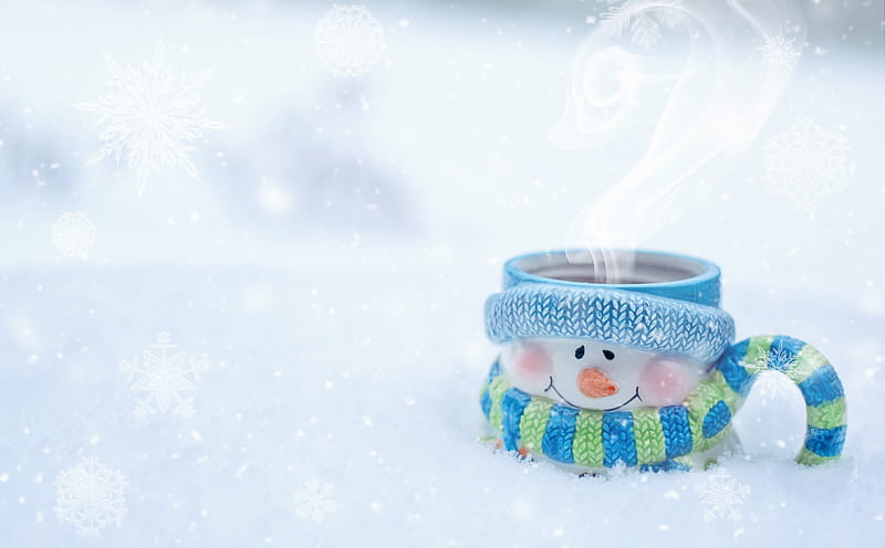 Hot Coffee and Cold Winter Mornings Ultra, Cute, Winter, Snow, Steam, drink, beverage, aesthetic, snowmanmug, HD wallpaper