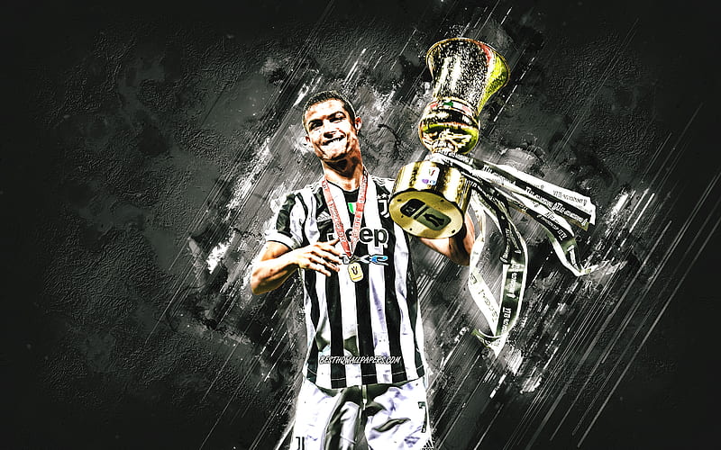 Cristiano Ronaldo, Coppa Italia, Juventus FC, Portuguese footballer, Cristiano Ronaldo with cup, grunge art, football, Italy, HD wallpaper