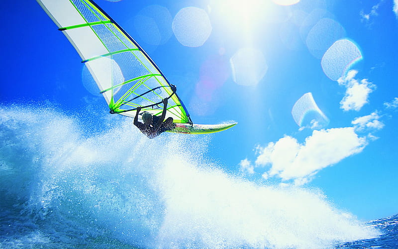 Amazing Wind Surfing, skies, sun, water sports, ocean, bright, wind surfing, waves, HD wallpaper