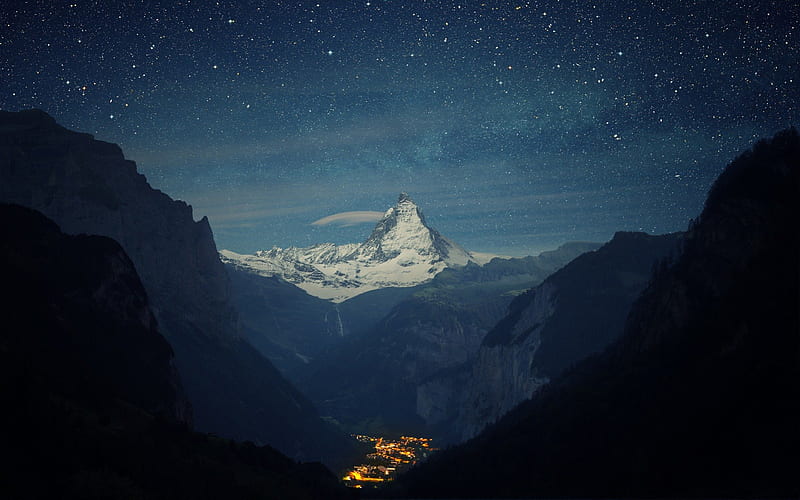 stars over the awesome matterhorn, mountain, stars, town, lights, valley, HD wallpaper