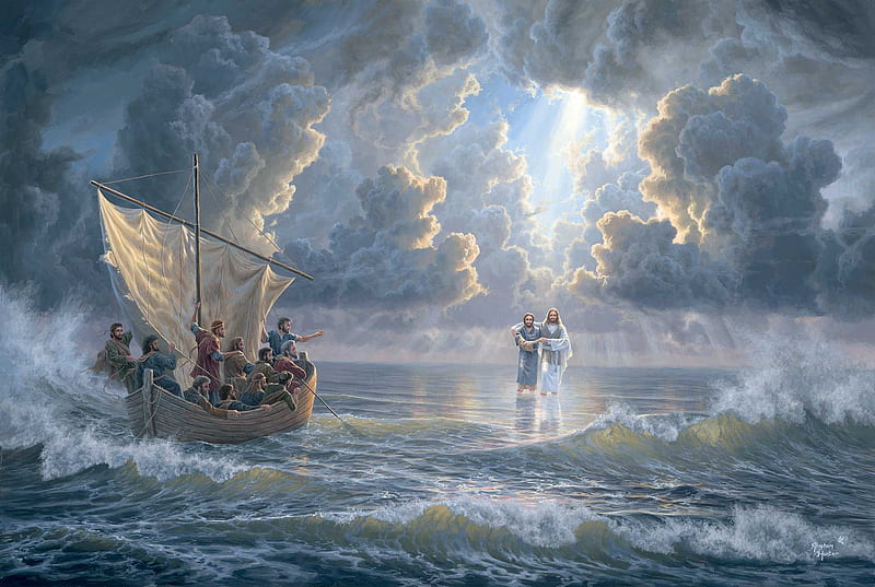 Walking with Jesus by Abraham Hunter, boat, water, abraham hunter, jesus christ, painting, pictura, blue, art, cloud, sea, HD wallpaper