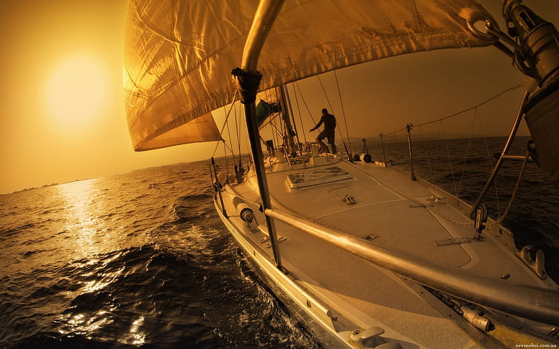 sea, yacht, dawn, HD wallpaper