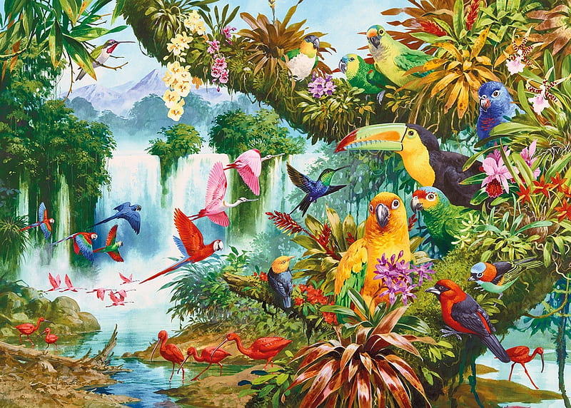 Exotic birds, colorful, art, exotic, parrot, bird, papagal, painting, jungle, pictura, HD wallpaper
