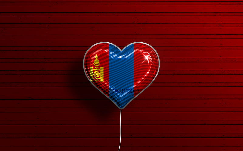 I Love Mongolia realistic balloons, red wooden background, Asian countries, Mongolian flag heart, favorite countries, flag of Mongolia, balloon with flag, Mongolian flag, Mongolia, Love Mongolia, HD wallpaper