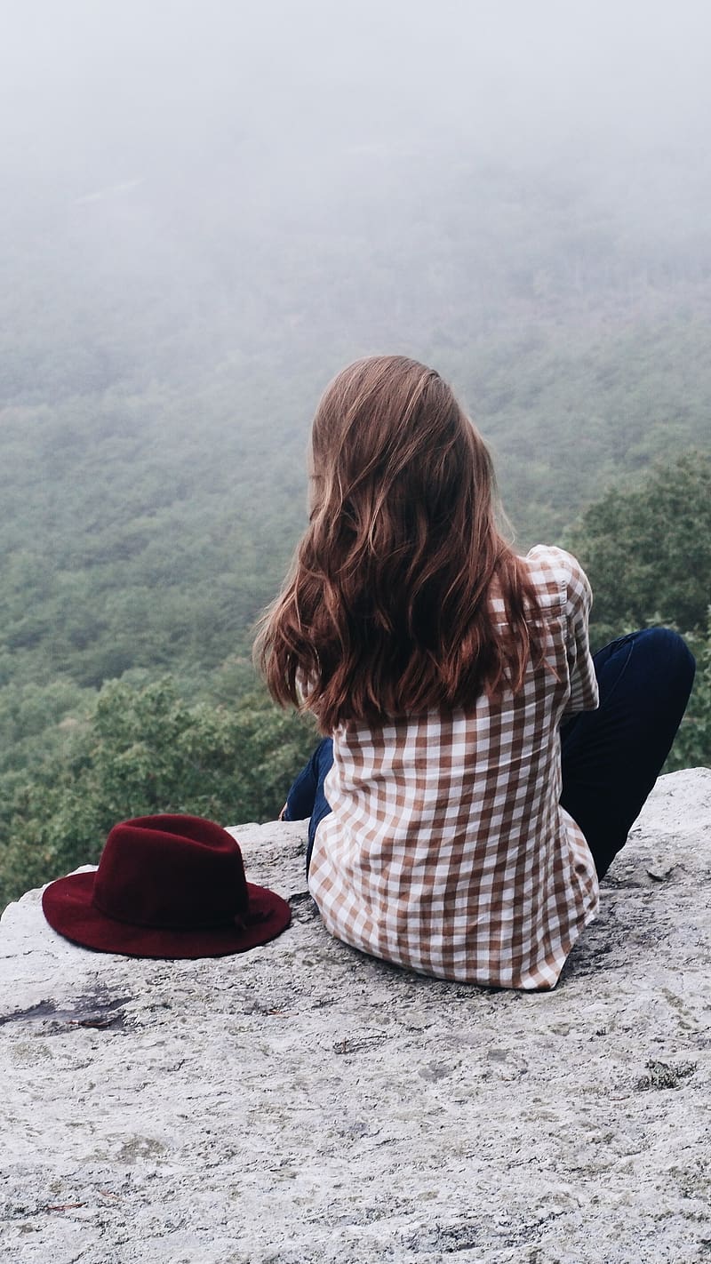 Alone Girl, On The Mountains, mountains, hat, sitting, pose, greenery, foggy, trees, HD phone wallpaper