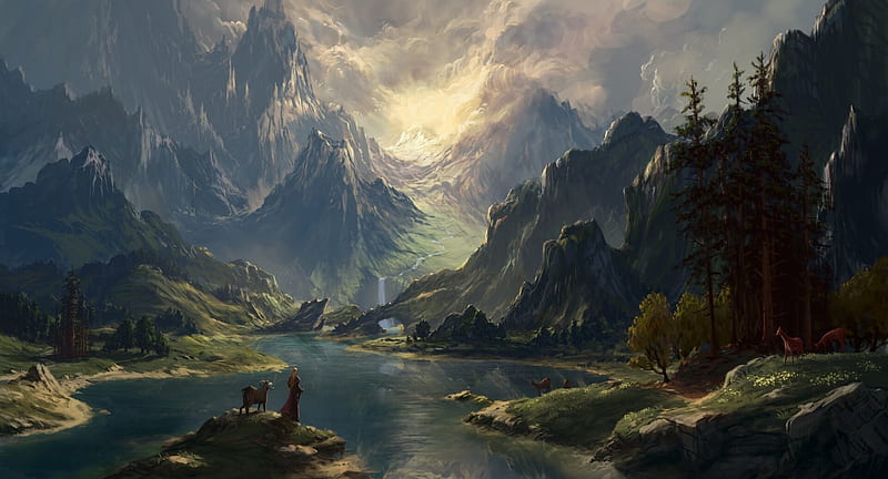 Fantasy, Landscape, Lake, Mountain, Nature, HD wallpaper