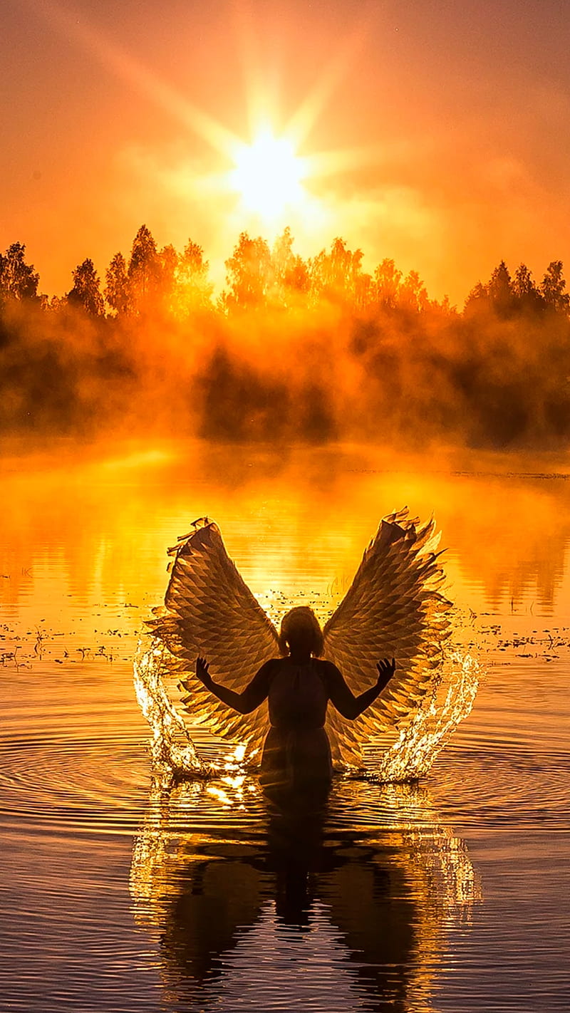 An Angel, angel, female, girl, lake, orange, silhouette, sun, sunset, HD phone wallpaper