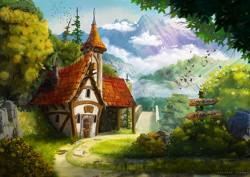 house, fairytale, landscape, art, HD wallpaper