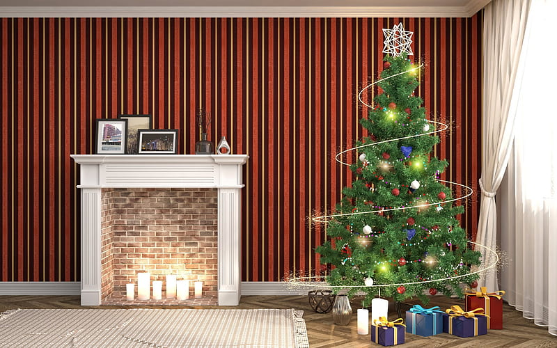 Christmas, fireplace, new year, Christmas tree, HD wallpaper